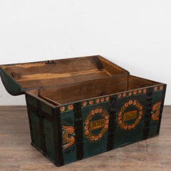 Original Hand Painted Teal Oak Dome Top Swedish Trunk Dated 1846