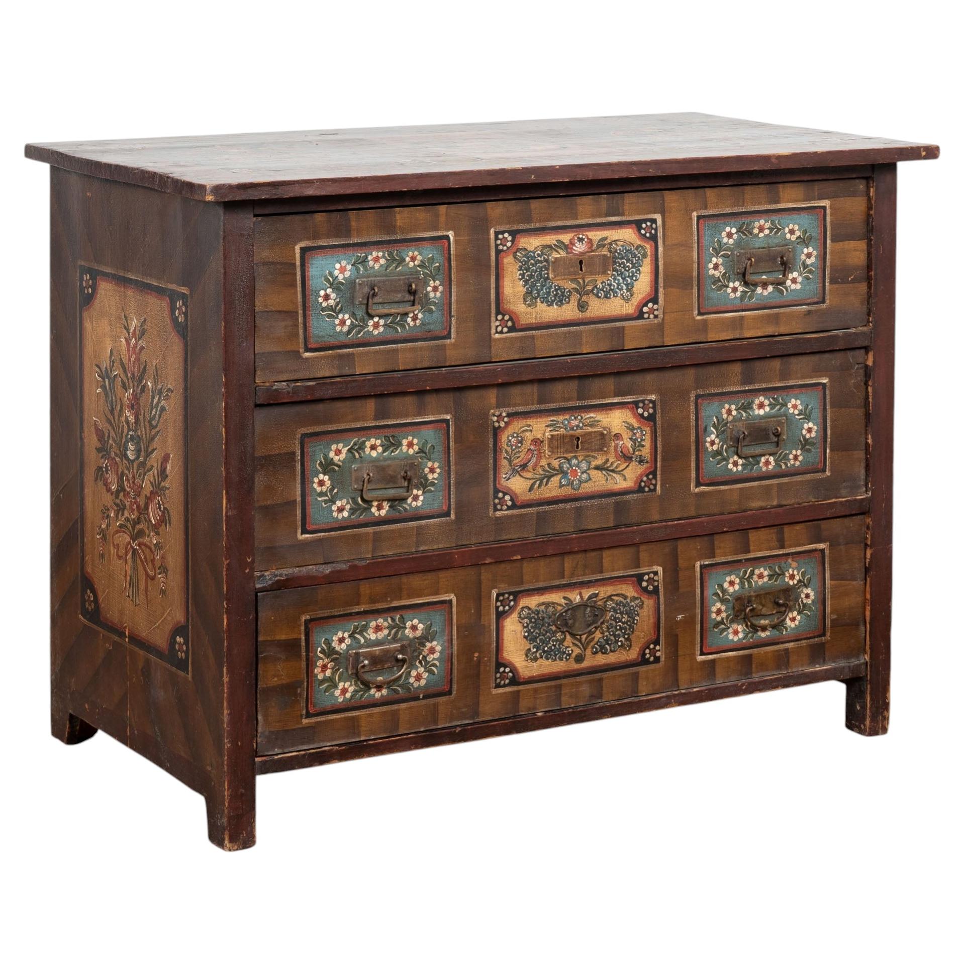 19th Century Original Hand Painted Blanket Chest of Three Drawers from Hungary
