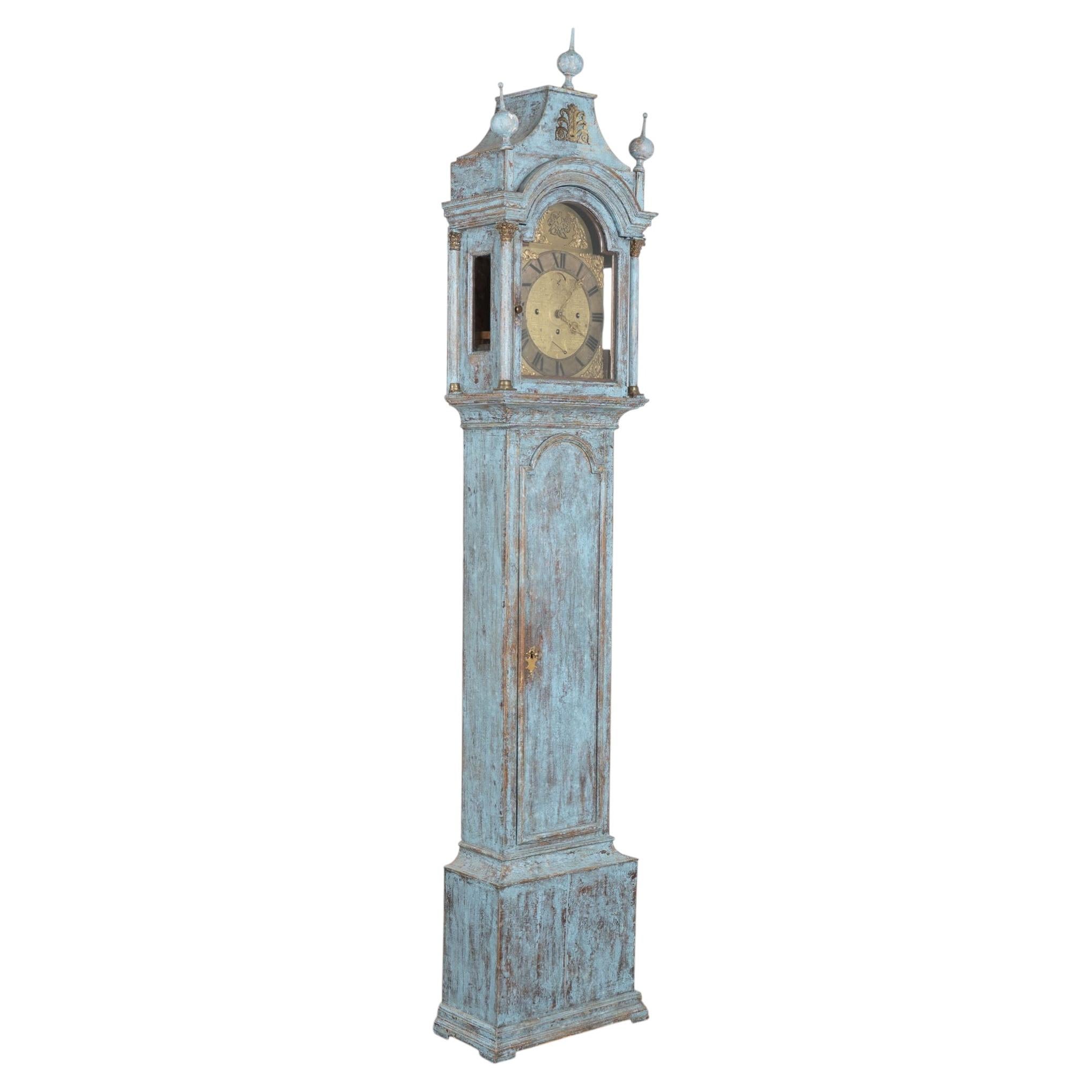 Early 19th Century Swedish Blue Painted Pine Grandfather Clock