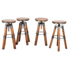 Set of Four 20th Century Pine and Metal Industrial Barstools