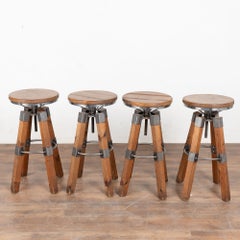 Set of Four 20th Century Pine and Metal Industrial Barstools