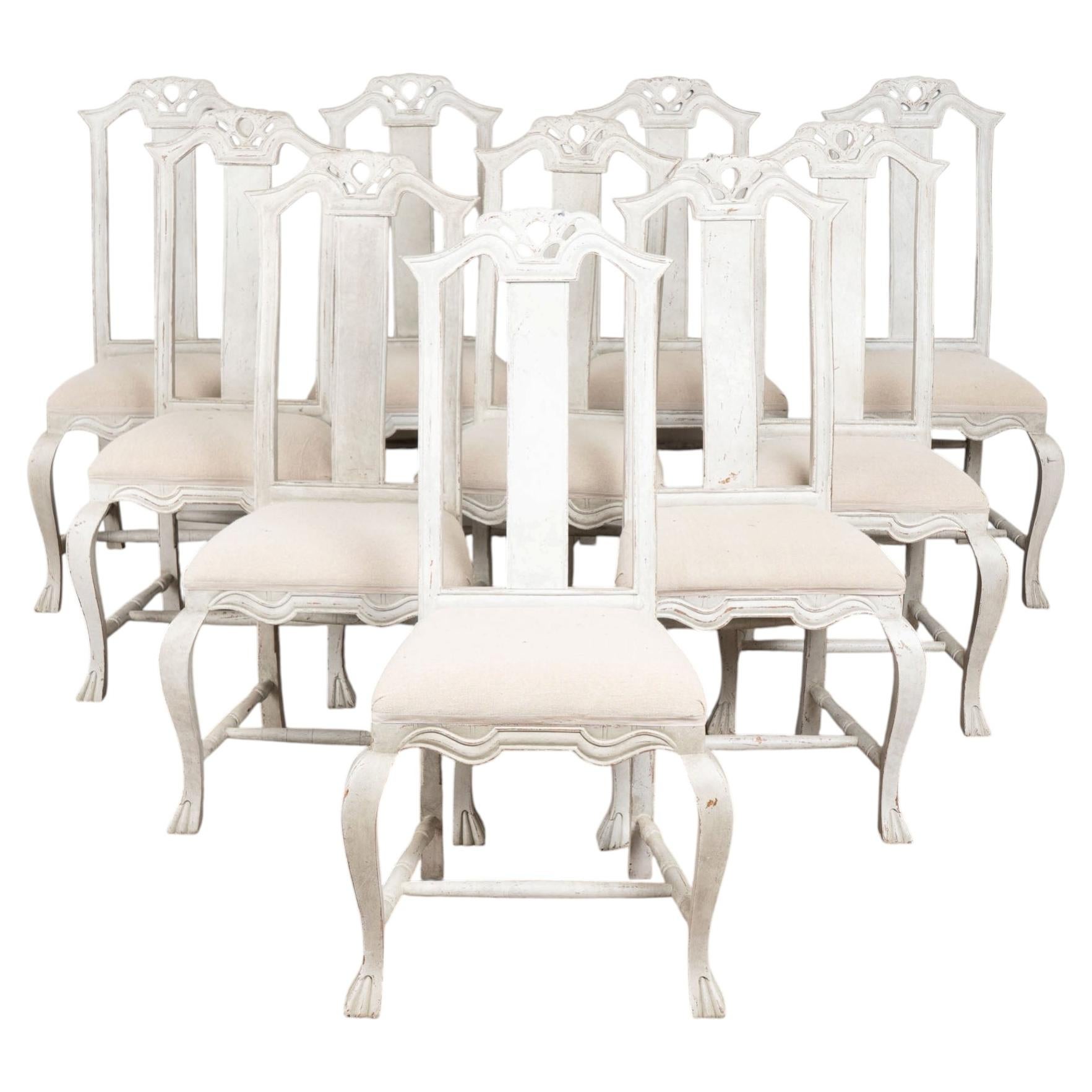 Early 20th Century Set of 10 Swedish Gray Dining Chairs For Sale