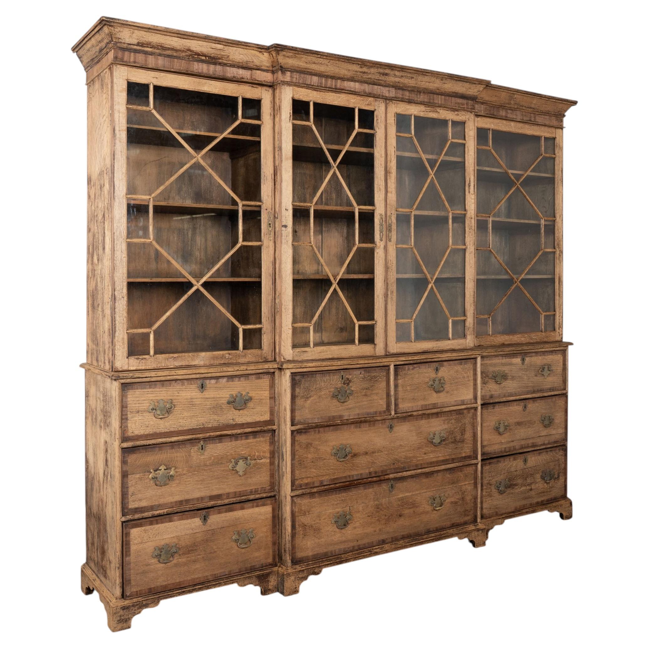 Large English Bleached Oak Bookcase Display Cabinet with Glass Doors, circa 1900