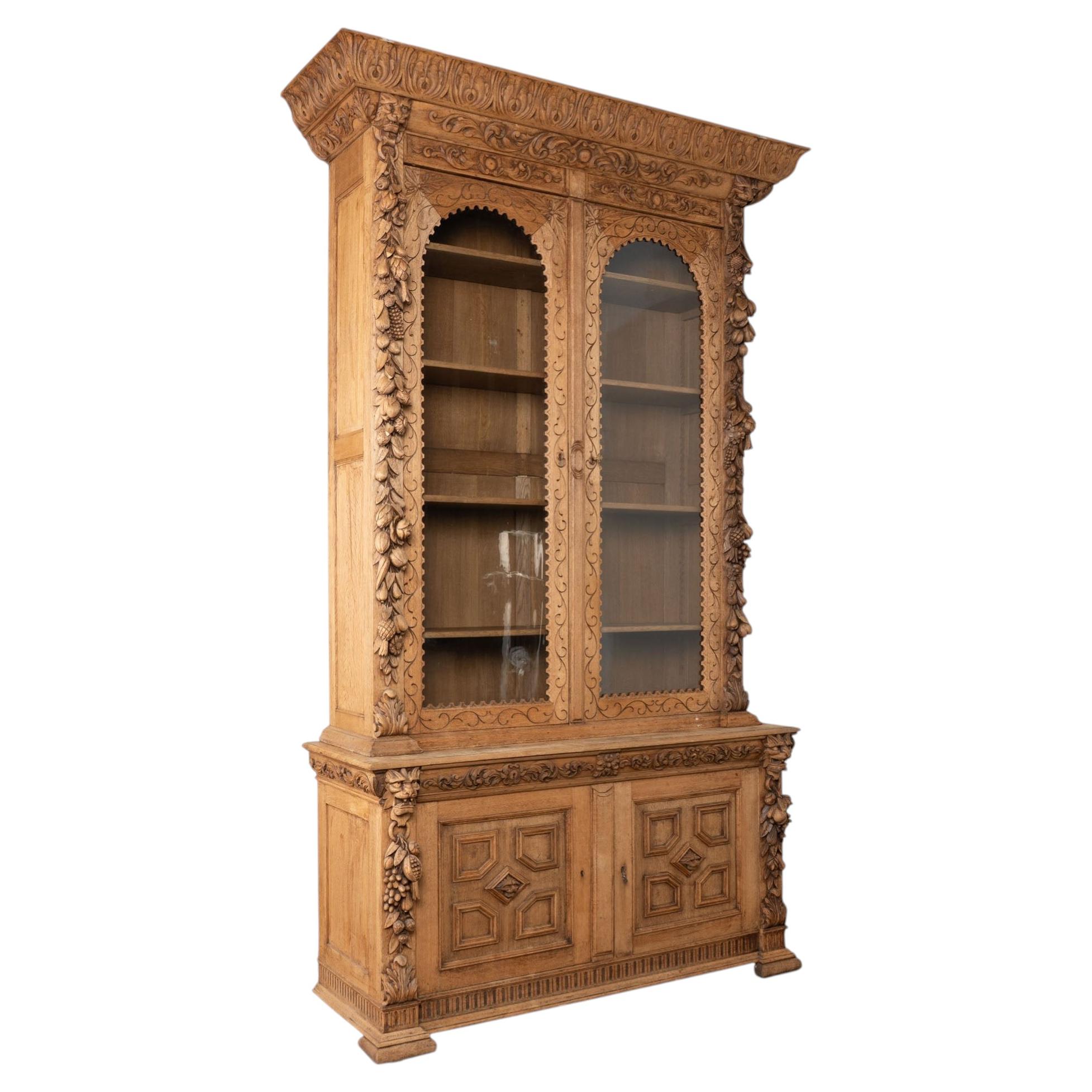 19th Century Tall French Bleached Carved Bookcase Display Cabinet