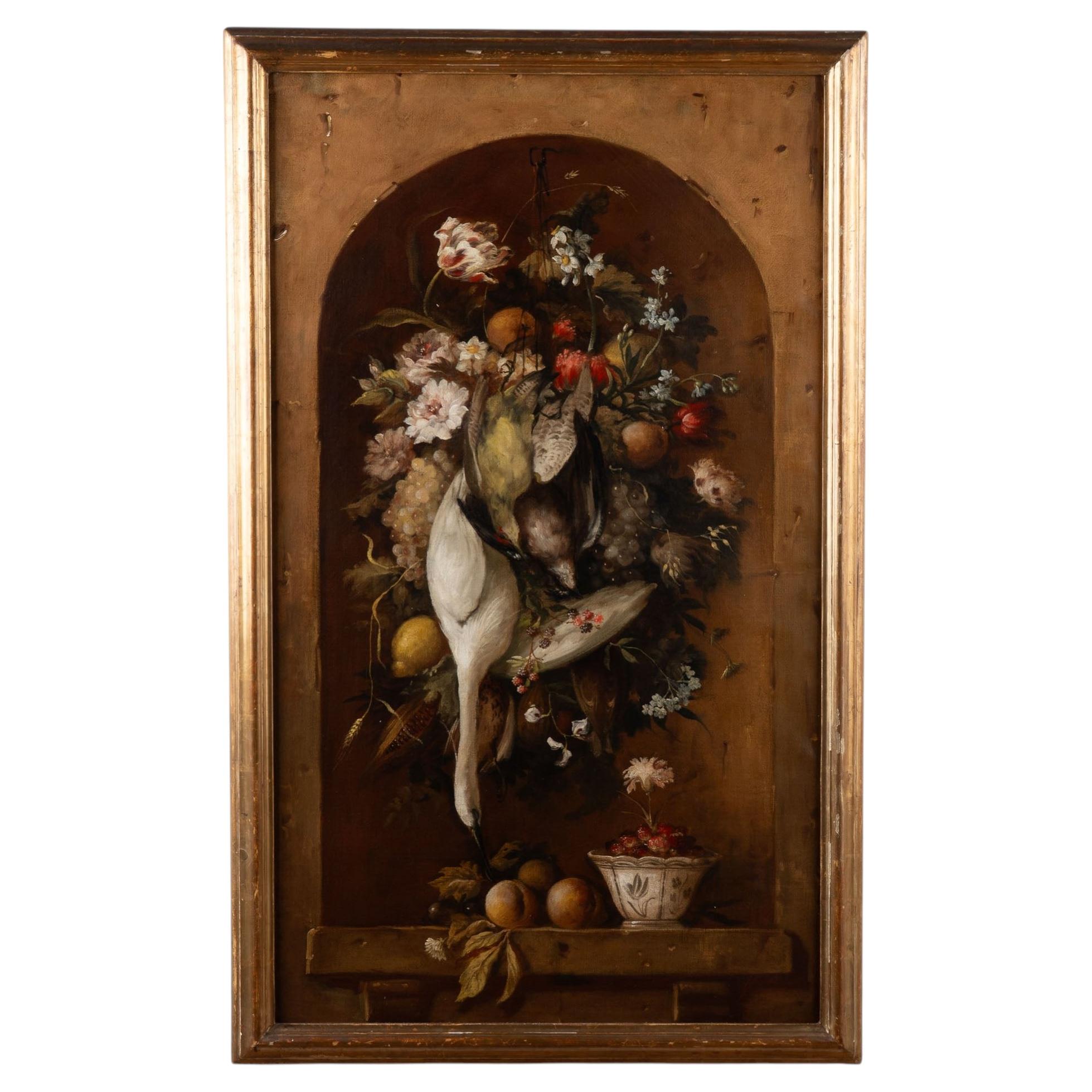 Original Oil on Canvas Still Life Painting of Foul, Flowers, & Fruit, Portugal