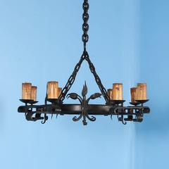 Antique Black Rustic Wrought Iron Danish Chandelier, circa 1910