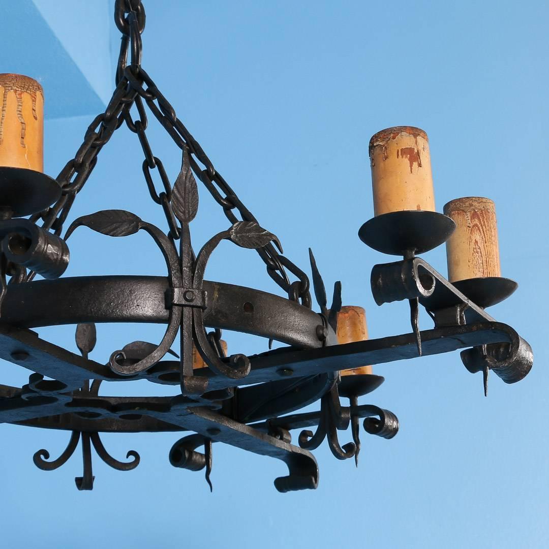 Antique Black Rustic Wrought Iron Danish Chandelier, circa 1910 In Good Condition In Round Top, TX