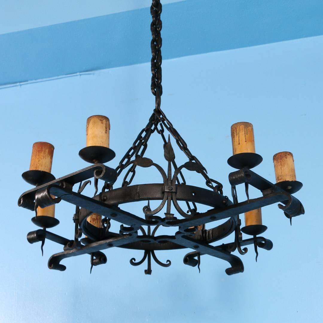 Antique Black Rustic Wrought Iron Danish Chandelier, circa 1910 3