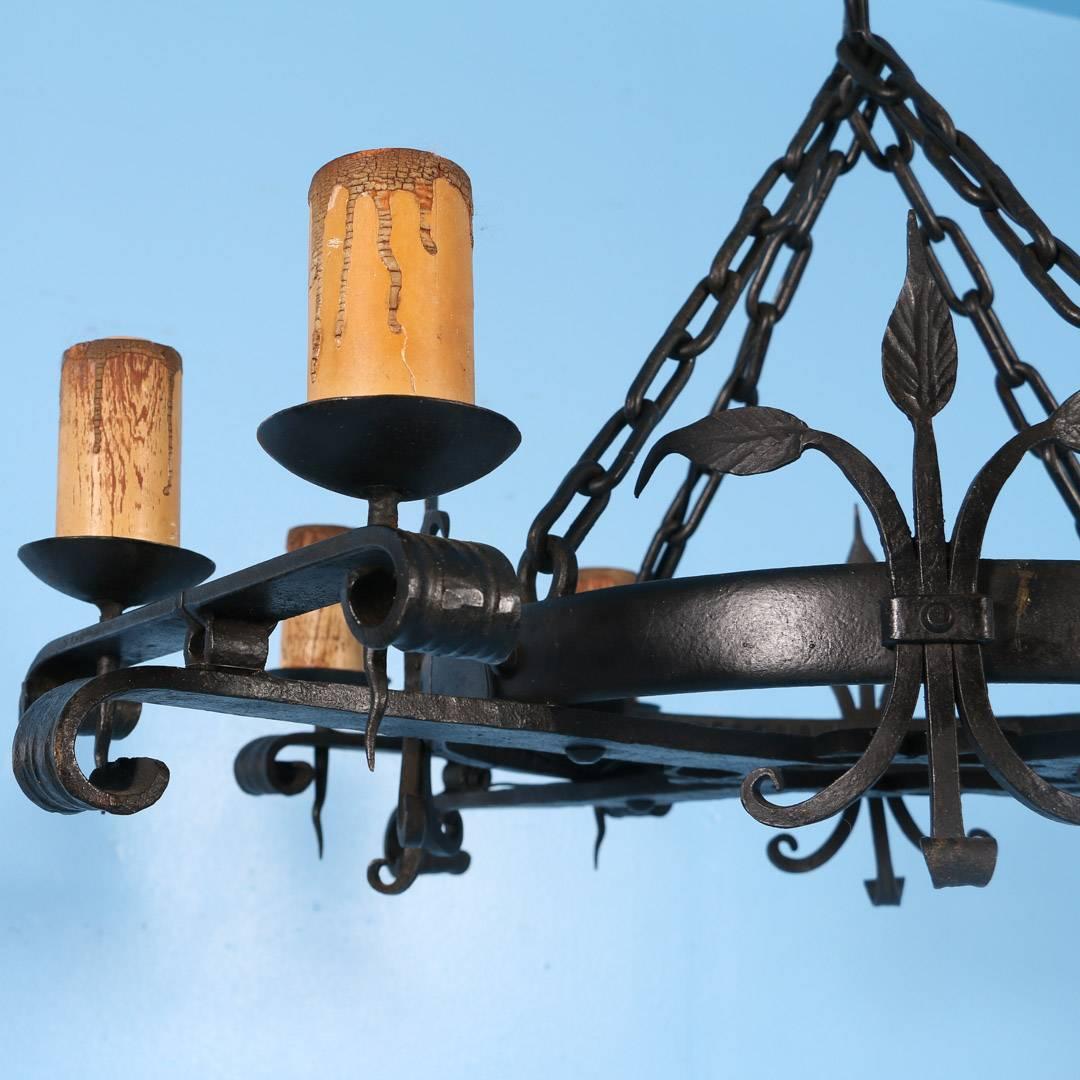 Antique Black Rustic Wrought Iron Danish Chandelier, circa 1910 2