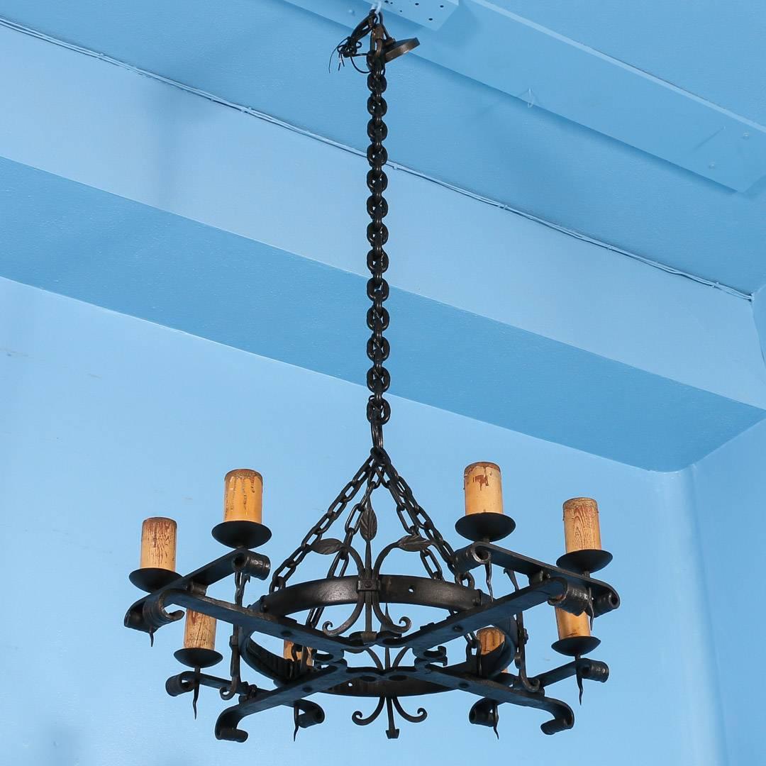 Antique Black Rustic Wrought Iron Danish Chandelier, circa 1910 4