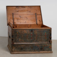 19th Century Blue Painted Carved Flat Top Trunk with Drawer from Hungary