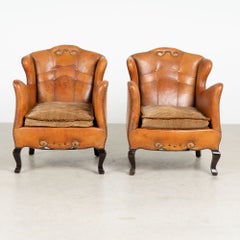 Pair, 20th Century Vintage Danish Brown Leather Club Chairs with Decorative Nail