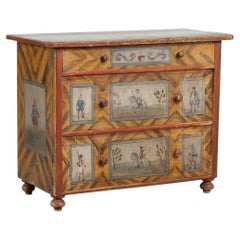 19th C. Original Hand-Painted Pine Chest of 3 Drawers with Soldiers on Horseback