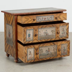 19th C. Original Hand-Painted Pine Chest of 3 Drawers with Soldiers on Horseback