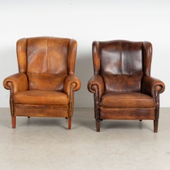 Pair of 20th Century Danish Vintage Brown Leather Wingback Club Chairs
