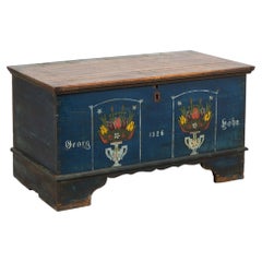 1926 Original Blue Hand-Painted Pine Flat Top Trunk