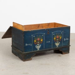 1926 Original Blue Hand-Painted Pine Flat Top Trunk