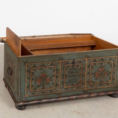 1836 Hungarian Original Hand-Painted Teal Flat Top Pine Trunk