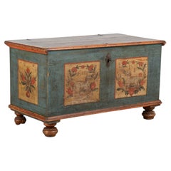 1822 Original Hand-Painted Blue Pine Flat Top Trunk