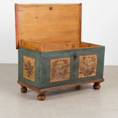 1822 Original Hand-Painted Blue Pine Flat Top Trunk