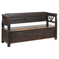 Original Hand-Painted Hungarian Pine Folk Art Storage Bench circa 1890-1920