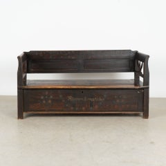 Original Hand-Painted Hungarian Pine Folk Art Storage Bench circa 1890-1920