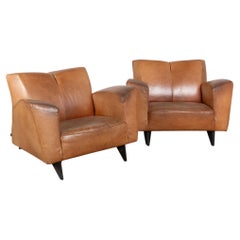 Mid Century Modern Pair of Large Cognac Leather Club Chairs