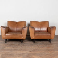 Mid Century Modern Pair of Large Cognac Leather Club Chairs