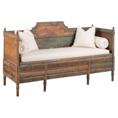 19th Century Swedish Gustavian Original Teal Blue Painted Pine Bench