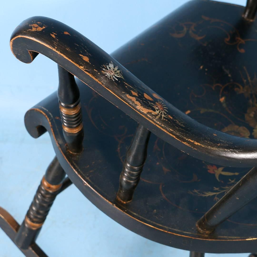 Antique Black Swedish Rocking Chair with Original Black Paint, Dated 1911 In Good Condition In Round Top, TX