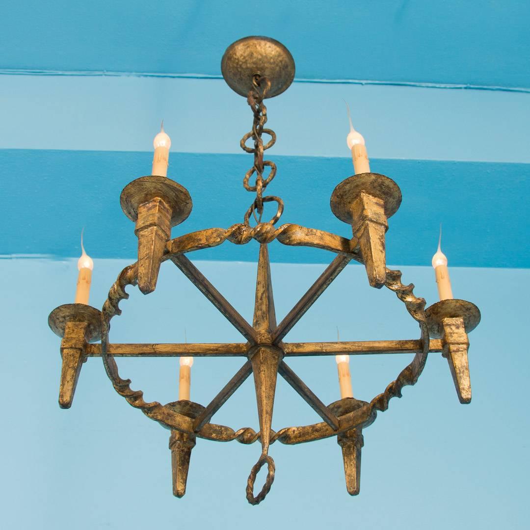 Antique Danish Gilded Wrought Iron Chandelier, circa 1910 In Good Condition In Round Top, TX