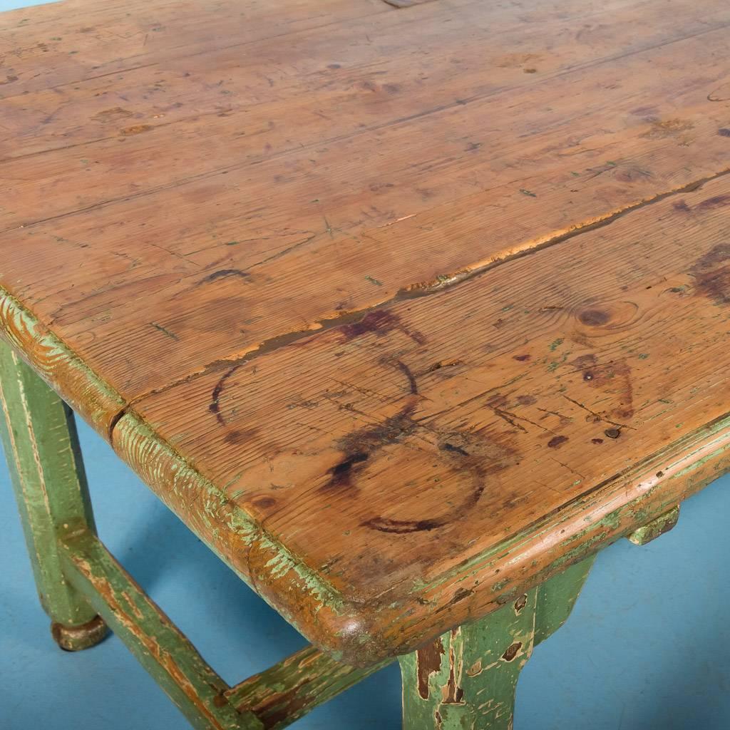 Antique Pine Harvest Table from Sweden, Original Painted Green Base, circa 1840 2