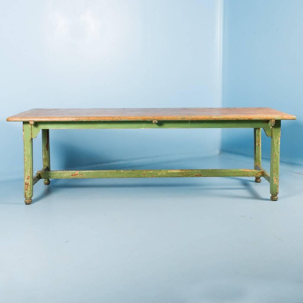 Antique Pine Harvest Table from Sweden, Original Painted Green Base, circa 1840 In Good Condition In Round Top, TX