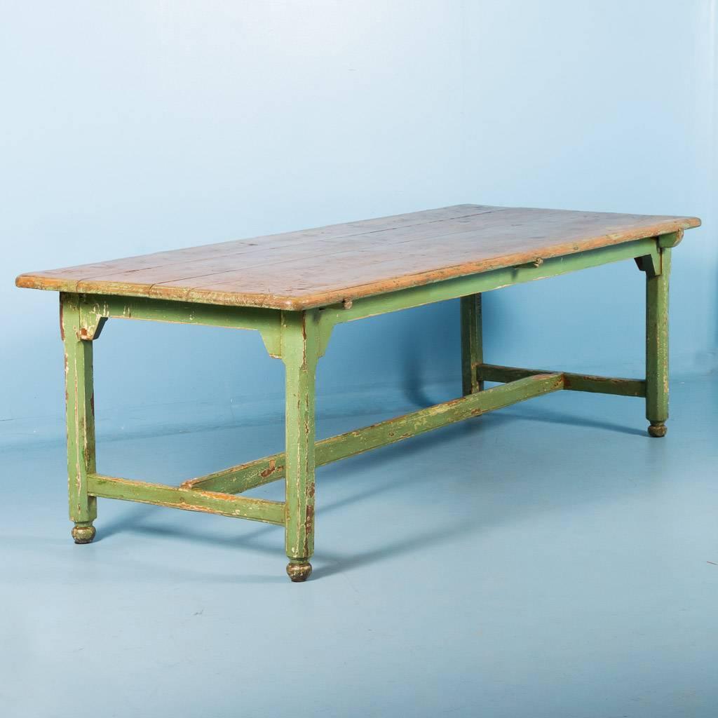 Swedish Antique Pine Harvest Table from Sweden, Original Painted Green Base, circa 1840