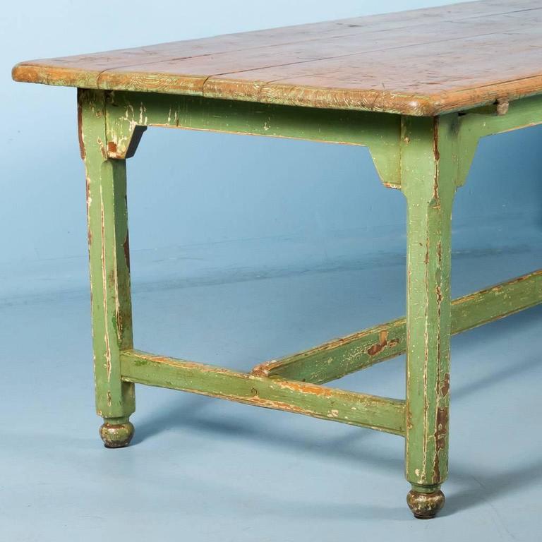 Antique Pine Harvest Table from Sweden, Original Painted Green Base