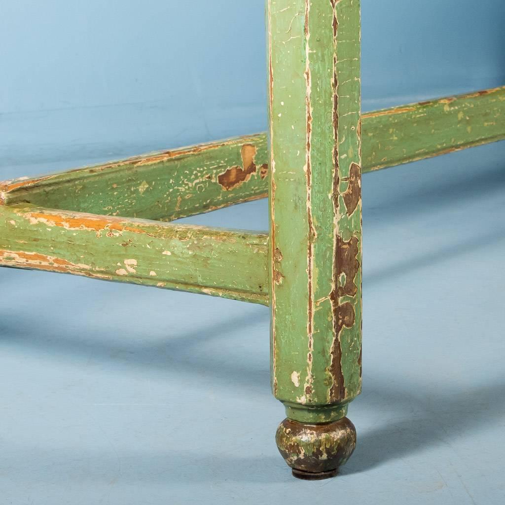 Antique Pine Harvest Table from Sweden, Original Painted Green Base, circa 1840 1