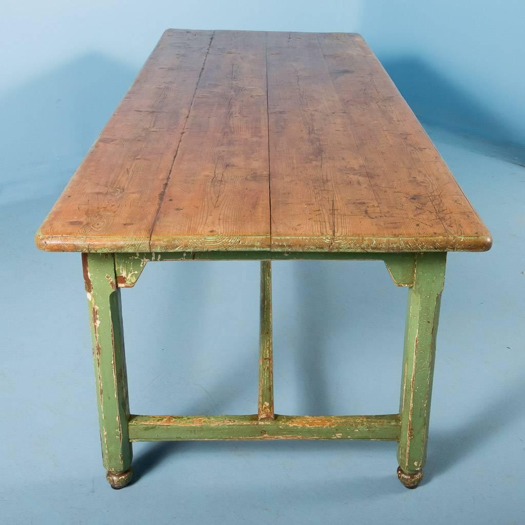 Antique Pine Harvest Table from Sweden, Original Painted Green Base, circa 1840 5