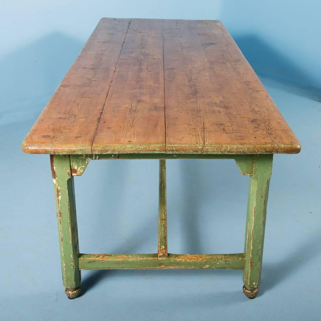 Antique Pine Harvest Table from Sweden, Original Painted Green Base