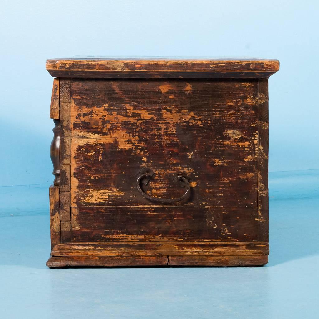 19th Century Antique Hungarian Trunk with Original Brown, Red and Yellow Paint, circa 1840