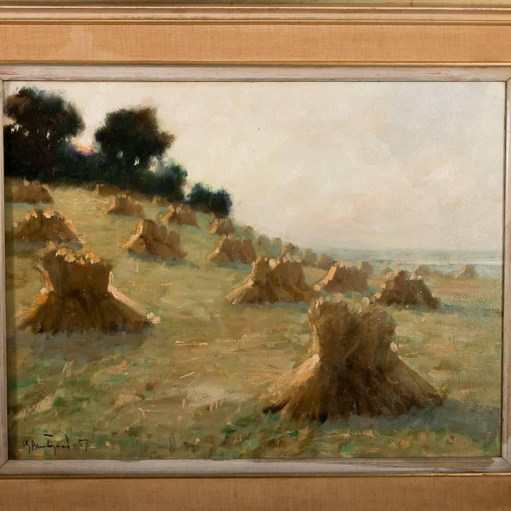 20th Century Signed Swedish Oil on Canvas Painting of Haystacks, Dated 1925