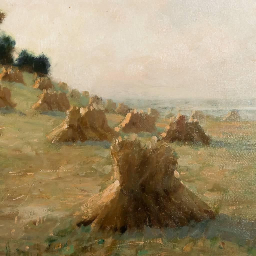 Signed Swedish Oil on Canvas Painting of Haystacks, Dated 1925 1
