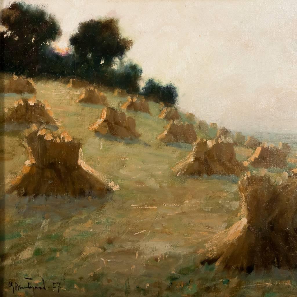 Signed Swedish Oil on Canvas Painting of Haystacks, Dated 1925 2