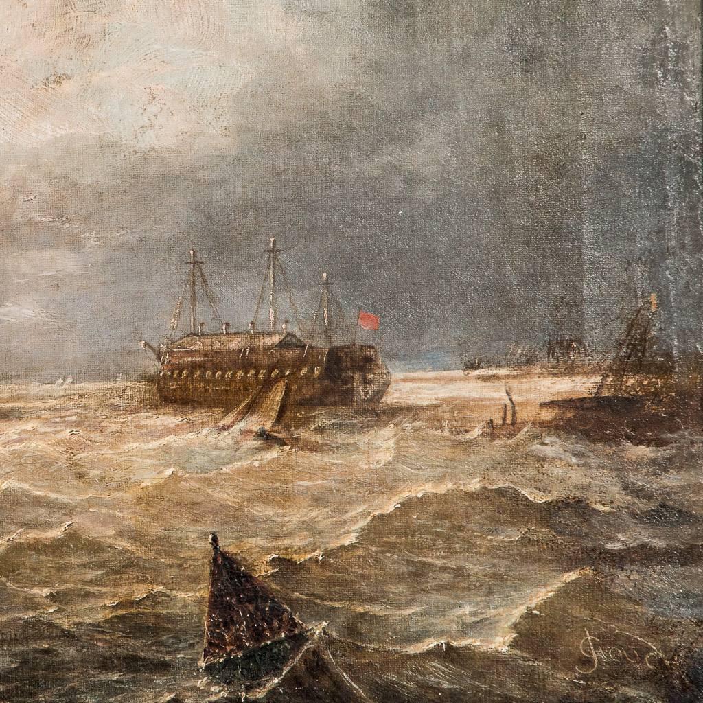 Antique English 19th Century Oil Painting of War Ships at Sea Signed J. Gouch 1