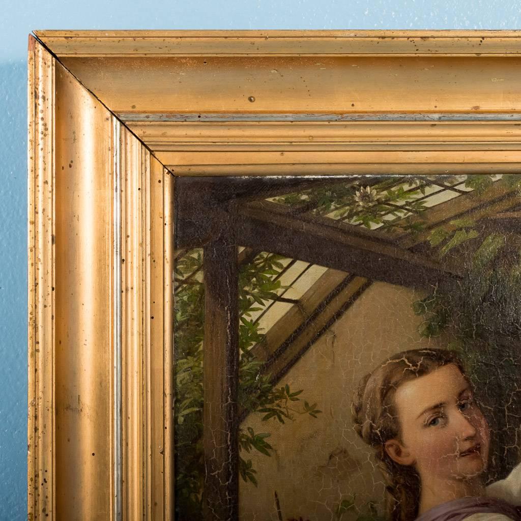 Antique Danish oil on canvas painting of a young woman in a greenhouse, surrounded by potted flowers, dated 1869 and signed in the lower right, EL 1869. Danish artist Edvard Leymann (1815-1892) was active from the mid-late 19th century. Please take