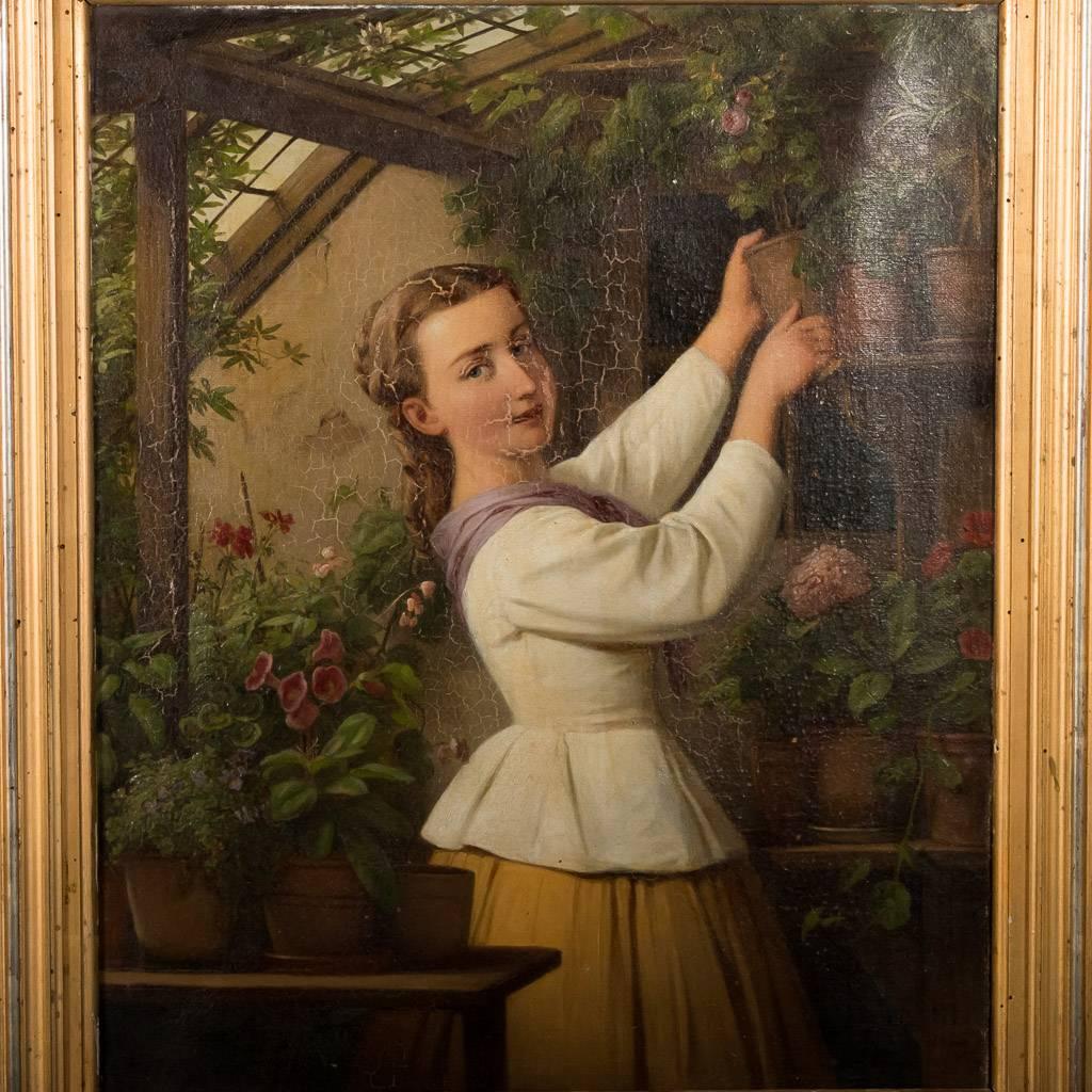 Antique Danish Oil Painting of Woman in a Greenhouse, Edvard Lehmann, Date1869   In Good Condition For Sale In Round Top, TX