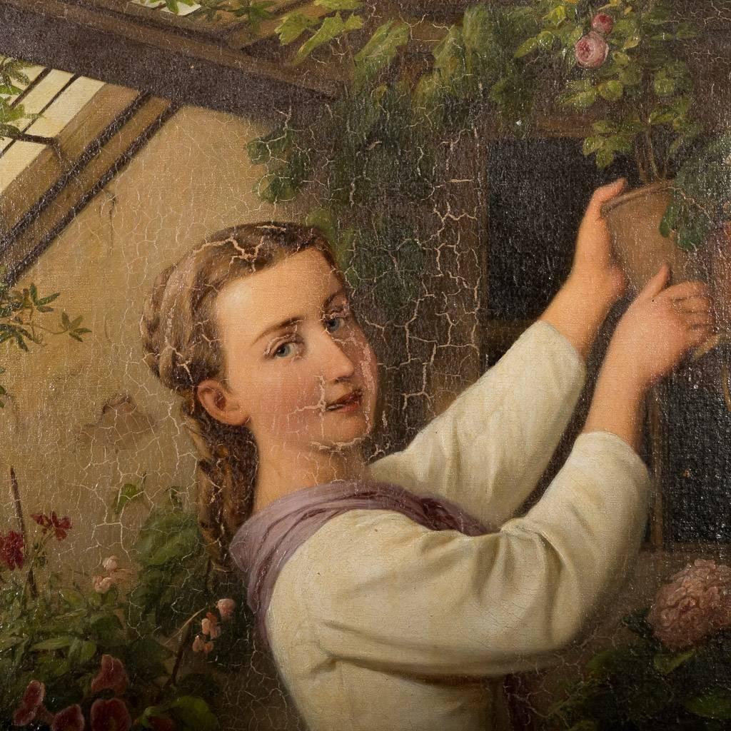 19th Century Antique Danish Oil Painting of Woman in a Greenhouse, Edvard Lehmann, Date1869   For Sale