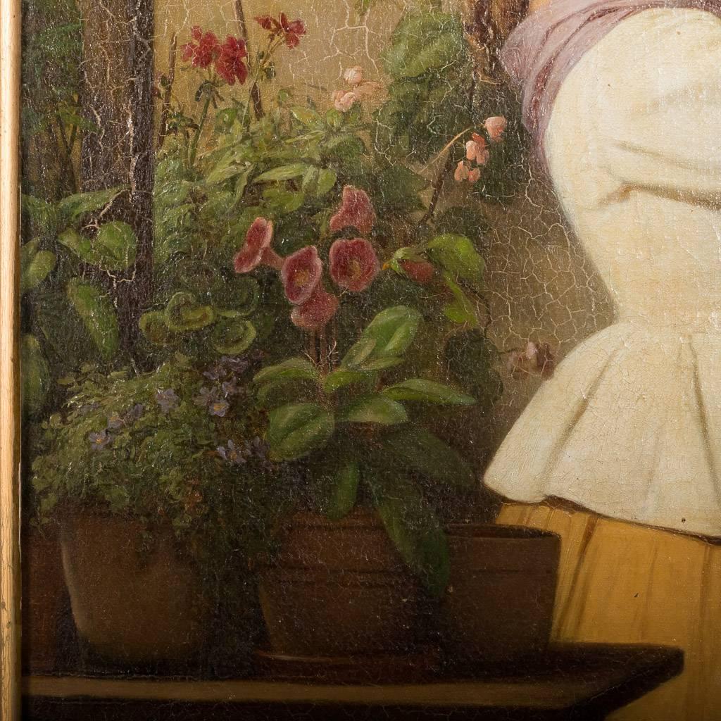 Canvas Antique Danish Oil Painting of Woman in a Greenhouse, Edvard Lehmann, Date1869   For Sale