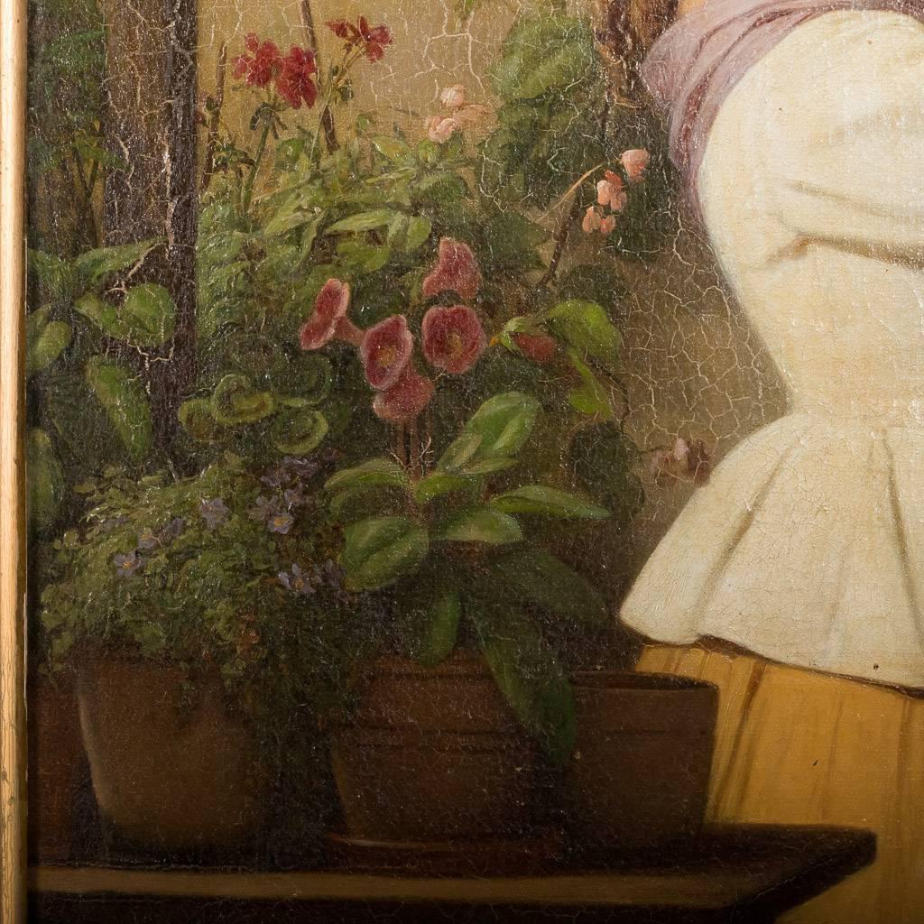 Canvas Antique Danish Oil Painting of Woman in a Greenhouse, Edvard Lehmann, Date1869