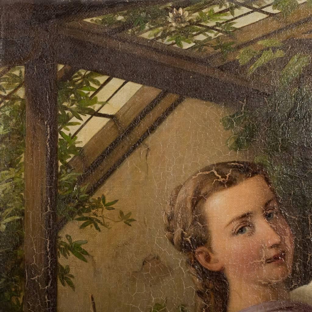 Antique Danish Oil Painting of Woman in a Greenhouse, Edvard Lehmann, Date1869   For Sale 1