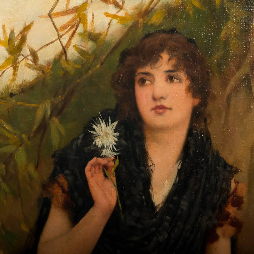 English Antique Original Oil Painting, Young Woman Holding Flower, William Oliver, 1875